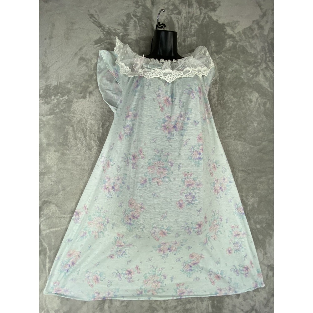 Vintage Komar Nightgown Womens Large Blue Floral Lace‎ House Dress Nightie USA